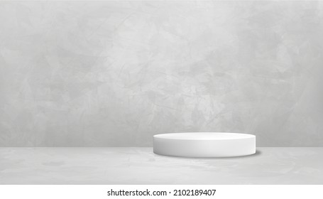 Studio room with white podium on gray floor, Background Grey Cement texture of wall,Vector 3D Backdrop of Gray Concrete surface with cracked texture pattern. Banner for loft design concept - Shutterstock ID 2102189407