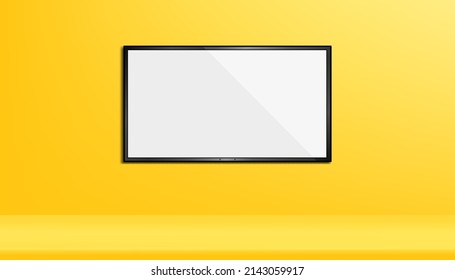 Studio room with wide TV white blank flatscreen monitor mockup hanging on the wall, Vector illustration Icd monitor,oled,plasma on yellow background. Interior design of Modern Studio with copy space