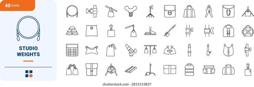 Studio sandbag light stand weight line icon set covering ballast, photography, grip, and tripod concepts, thin linear illustration.