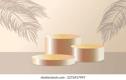 Studio with a shadow of palm leaves on the wall, a room with a minimum number of stands. Vector 3D scene composition for product presentation. Podium for goods in pink and beige colors. Cyclorama