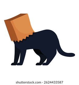 Studio shot of a black cat wearing a grocery paper bag over its head
