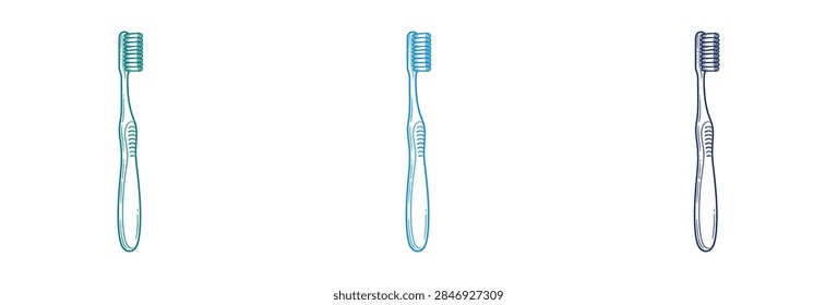 A studio shot featuring three different colored plastic toothbrushes lined up vertically representing daily oral care and dental hygiene routines.