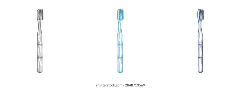 A studio shot featuring three identical plastic toothbrushes with different colored bristles lined up vertically against a clean background for oral care concepts