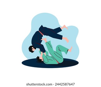 Studio shot of two men, professional judo athletes training isolated over white background. Sweeping hip throw. Concept of martial art, combat sport, health, strength, energy. Copy space for ad, flyer