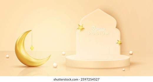 Studio showcase design for Eid Mubarak. 3D realistic Ramadan mubarack product podium design with light brown color background. Realistic vector product mockup design template with Ramadan element. 