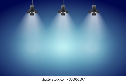 Studio spotlight blue background with lamps - vector EPS 10 illustration
