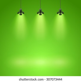 Studio spotlight green background with lamps - vector EPS 10 illustration
