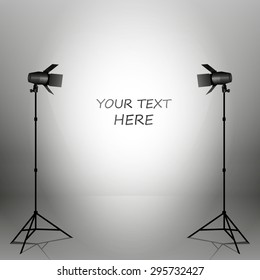Studio with spotlights on grey background. Vector illustration.