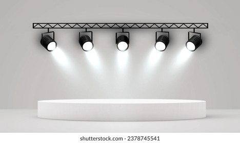 Studio spotlights. Realistic photo studio with podium and professionals equipment. Vector illustration