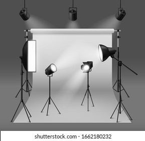 Studio spotlights. Realistic photo studio with professionals equipment, floodlight, cyclorama and tripod, soft box light and camera, vector set of standing lamp