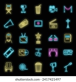 Studio stage director icons set. Outline set of studio stage director vector icons neon color on black