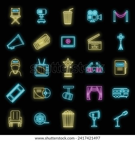 Studio stage director icons set. Outline set of studio stage director vector icons neon color on black