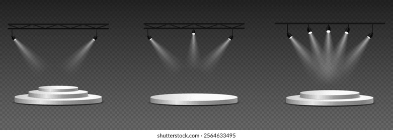 Studio and stage lighting. Glowing spotlights of light and podium.