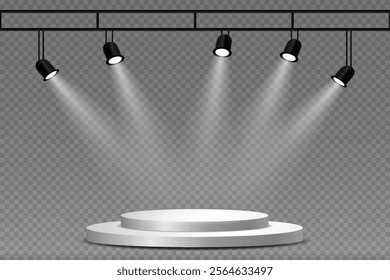 Studio and stage lighting. Glowing spotlights of light and podium.