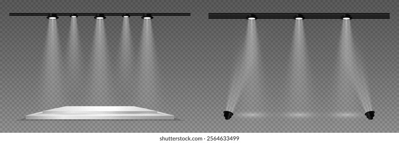 Studio and stage lighting. Glowing spotlights of light and podium.