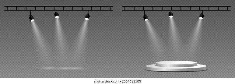 Studio and stage lighting. Glowing spotlights of light and podium.