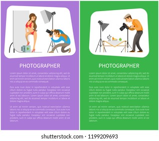 Studio and still life photographers posters with text sample. Model in swimsuit at backdrop, fruit near teapot composition for photo vector illustrations.