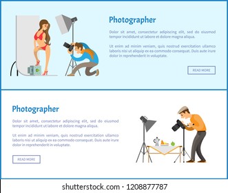Studio and still life photographers web banners set. Model in swimsuit at backdrop, fruit near teapot composition for photo vector illustrations.