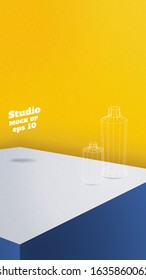 Studio table background.Vector,vivid blue product display block with yellow wall.mockup for display of design.Vertical Banner for advertise product.16 9 ratio,