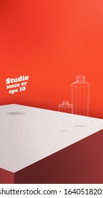 Studio table background.Vector,vivid red product display block with oragne red wall.mockup for display of design.Vertical Banner for advertise product.16 9 ratio