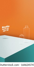 Fundo de mesa de estúdio.Vector, bloco de exibição de produto turquesa vívido com parede laranja.maquete para exibição de design.Banner vertical para anunciar produto.16 9 proporção