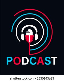 Studio table microphone with broadcast text on air. audio record concept logo. audio record concept logo