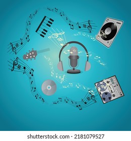 Studio-Tischmikrofon mit Kopfhörer-Noten, Treppenabstand und Personal, Musikinstrumenten und Vintage-Audiogeräten