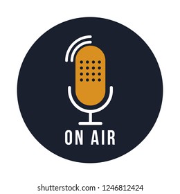 Studio table microphone with text on air. Webcast audio record design. Radio mic icon. Vector illustration