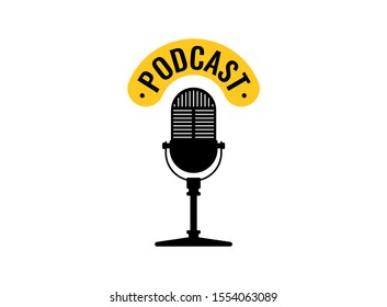 Studio table retro microphone podcast emblem. Live webcast audio record symbol. Radio vintage mic vector icon