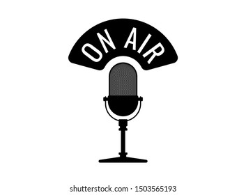 Studio table vintage retro microphone with on air caption. Live broadcast webcast audio record emblem. Radio media mic vector icon