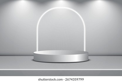 Una Plantilla de estudio y un pedestal redondo con un fondo simple y estantes de productos con focos. Un podio de estudio vacío para publicidad. Renderización 3D.