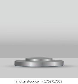 Studio template and a silver round pedestal on a light silver background. Empty studio podium for product advertising. Vector illustration.