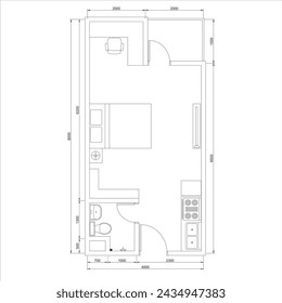 studio type apartment plan. with dimensions and furniture. apartment floor plan