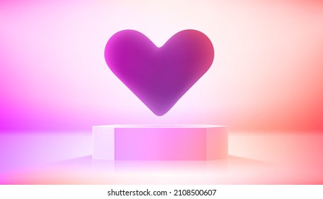 Studio with vivid hologram glow effect and heart shape. Vector 3d illustration with copy space