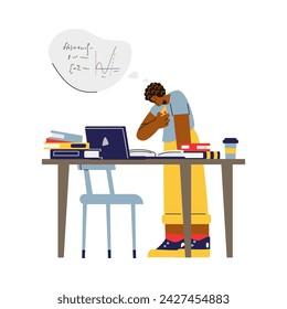 Studious atmosphere. Vector illustration of a perplexed student studying complex material at a desk with books and a laptop