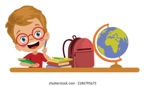 studious boy thinking at desk in school classroom