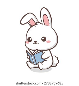 A studious bunny sits down to enjoy a storybook, promoting literacy and education. Great for library posters, school materials, or childhood learning content.