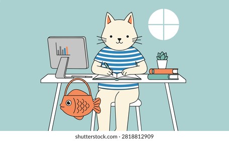 Studious cat character sitting at a desk and writing in a notebook next to a computer and a fish-shaped handbag.