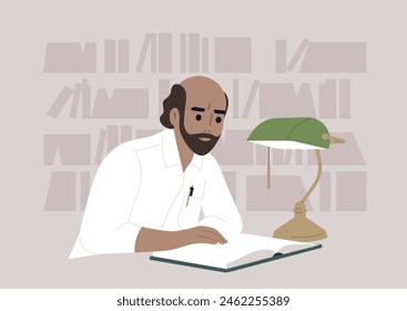 Studious Individual Reading in a Cozy Library With Lamp Light in the Evening, surrounded by bookshelves in the background creating a serene and focused atmosphere