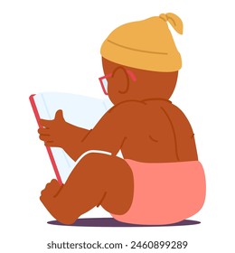 Studious Little One, Wearing A Cozy Yellow Beanie And Glasses, Engrossed In Reading, Suggesting A Playful Take On Early Education And The Delights Of Learning In Infancy. Cartoon Vector Illustration