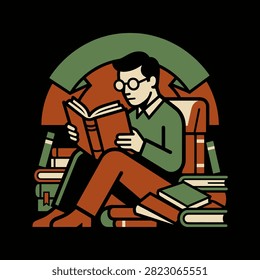 A studious person reads a book while sitting among many volumes