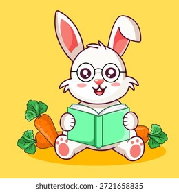 Estudioso Coelho Branco com Óculos Lendo um Livro e Cenouras Ilustração Vetor Design de Desenho Animado