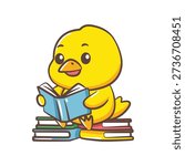 A studious yellow chick sits atop a stack of books while focused on reading an open book.