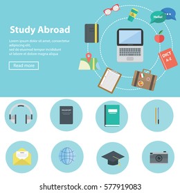 Study aboard concept with many study icons. Made in vector. Can be used for advertising some agency.