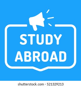 Study abroad. Badge with megaphone icon. Flat vector illustration on blue background.