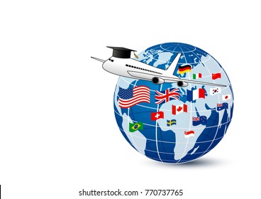 Study abroad concept design of airplane and world education with national flag on white background vector illustration