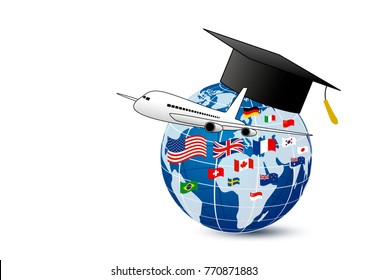 Study abroad concept design of airplane and world education with national flag on white background vector illustration