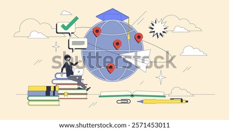 Study abroad concept with globe, paper plane, and books symbolizing exploration and education. Neubrutalism style