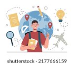 Study abroad concept. Man with glasses and book stands against backdrop of globe. Travel and tourism. Distance learning and international education metaphor. Cartoon flat vector illustration