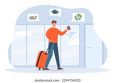 Study abroad concept. Man with luggage and foreign passport at airport. Travel and vacation, student exchange and international education.